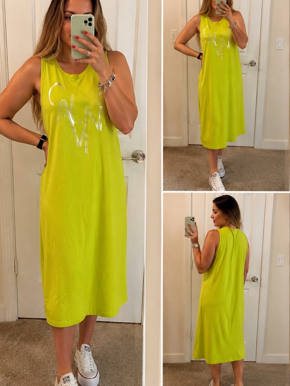 Calvin Klein Ribbed Midi Tank Dress Lime Green Size L